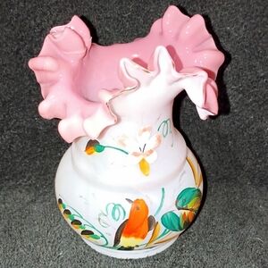 Hand painted Fenton Pink/White Floral Glass Vase